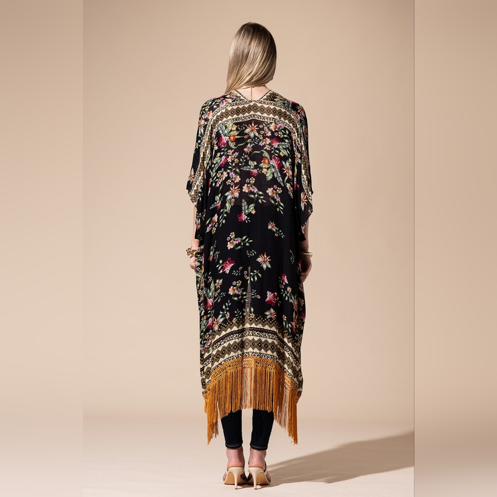 Bohemian Floral Print Kimono / Duster - Fine Golden Fringe Tassels - Side Slits - Picture 14 of 14